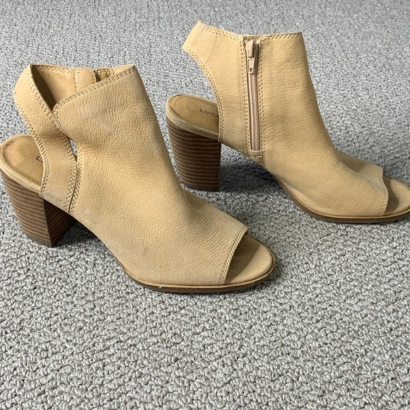 Lucky Brand Womens‎ Sandals Size 8.5M Brown Leather Slingback Peep Toe Heeled - Picture 4 of 9